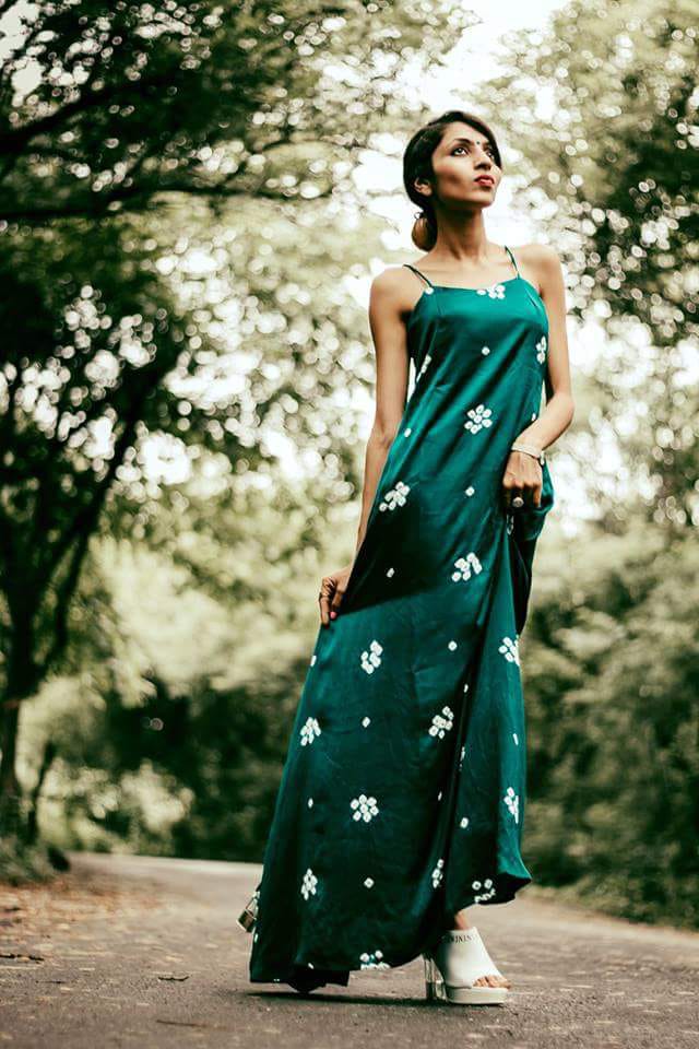 Green Satin Block Printed Long Dress