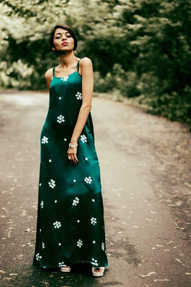Green Satin Block Printed Long Dress